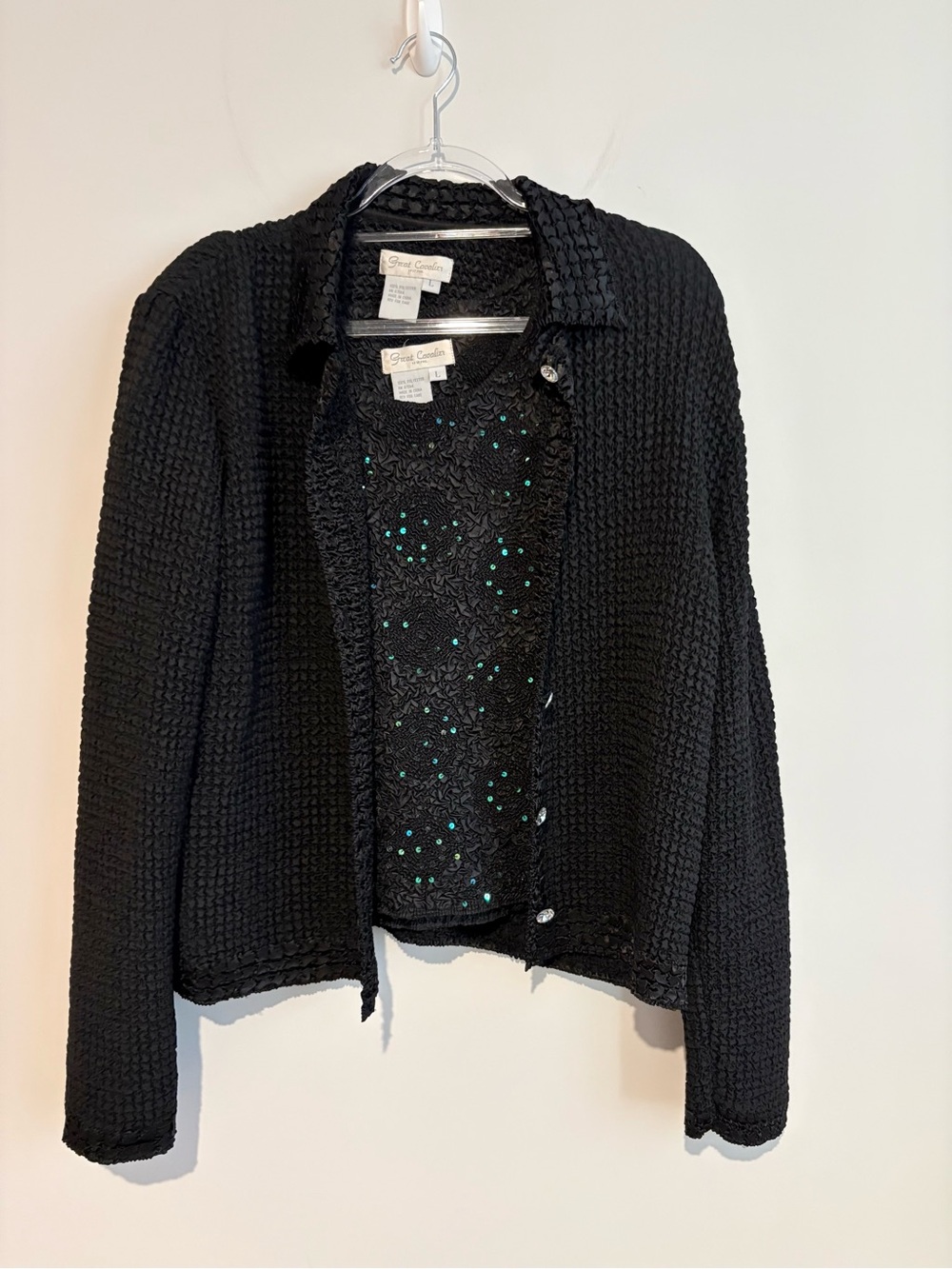 Great Cavalier popcorn smocked Cardigan‎ Jacket with Beaded Tank Black Large